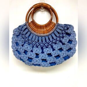 Macrame woven straw handbag with wooden handles bohemian